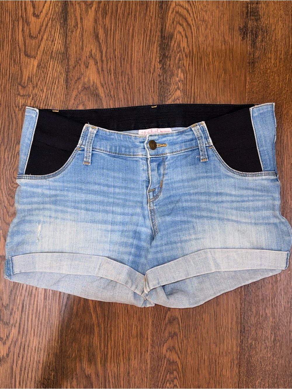 Light Blue Maternity Denim Shorts with Black Stretch Panels